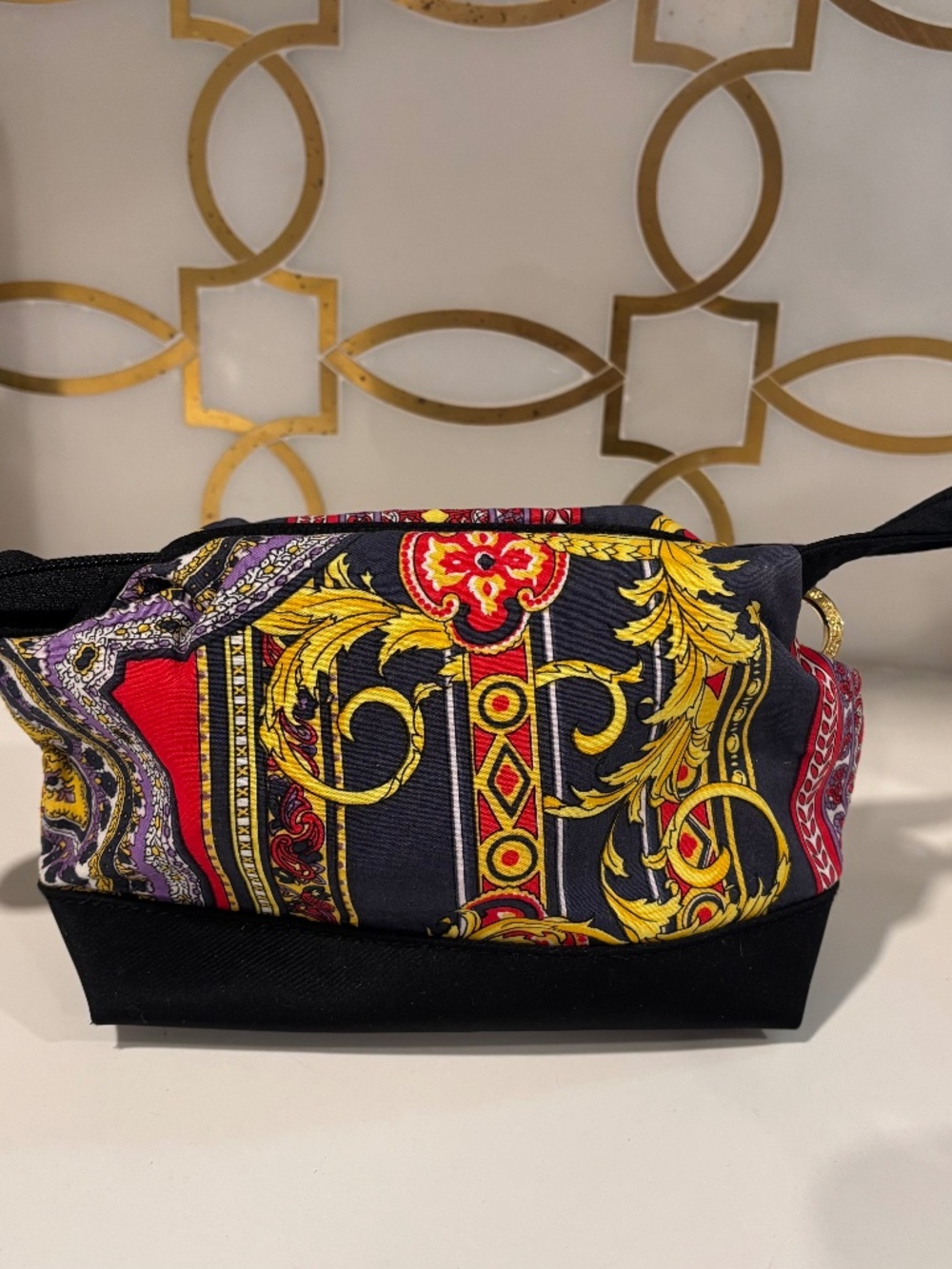 Versace Navy and Gold Printed Cosmetic Pouch Gold Zipper w/Logo